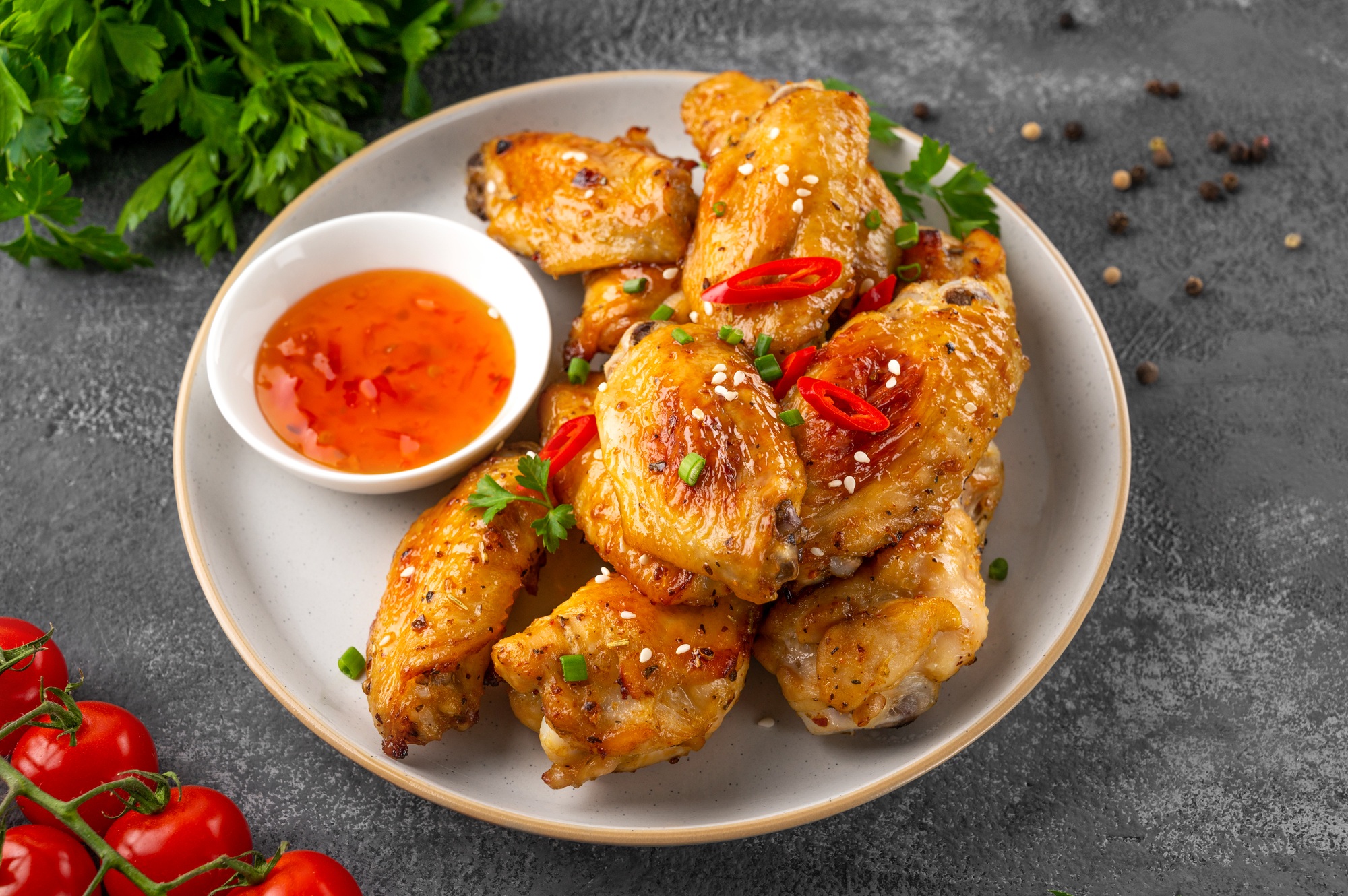 Baked chicken wings served with sweet chili sauce and fresh herbs. Selective focus.